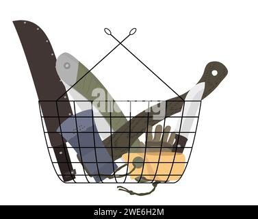 Bushcraft tools: saw, knife, ax, machete, leather gloves, kuksa. Editable layered eps Stock Vector