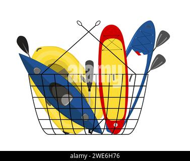 Paddle boards, inflatable boat and kayak in a shopping basket isolated illustration. Stock Vector