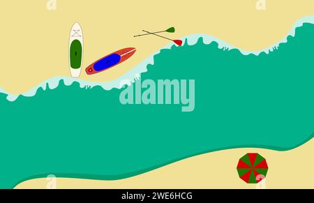 Flat illustration of paddle boards at the bank of river. Up view Stock Vector