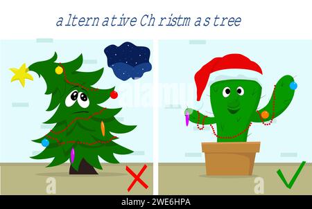 Happy smiling cactus in Santa Claus hat and sad Christmas tree. Green Christmas tree. Eco friendly lifestyle Stock Vector