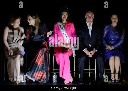 Mexico City, Mexico. 23rd Jan, 2024. From left to center: Olivia Quido, CEO of Miss Universe Skincare; Anne Jakrajutitap, president of the international pageant; and Sheynnis Palacios, winner of Miss Universe 2023, are attending a press conference at the Fru Fru Theatre in Mexico City, on the occasion of the upcoming Miss Universe International, which is scheduled to be held on September 28 of this year. (Photo by Gerardo Vieyra/NurPhoto)0 Credit: NurPhoto SRL/Alamy Live News Stock Photo