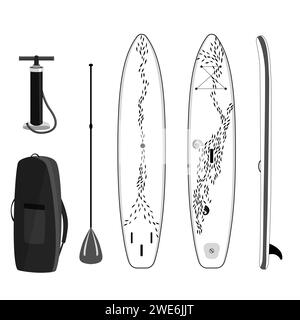 Paddle board set of objects isolated illustration. Stock Vector