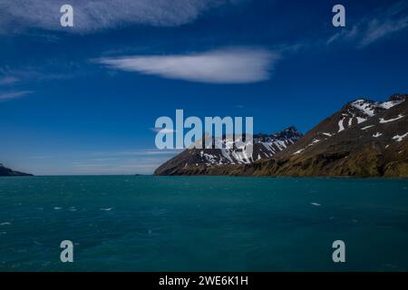 Fortuna Bay, SGI, landscape, mountains, snow, covered peaks,sunny day in Spring Stock Photo