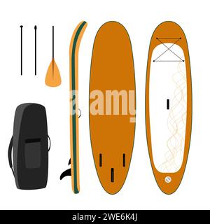 Yoga stand up paddle board set of objects isolated illustration. Stock Vector