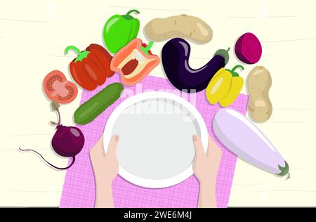 Set of vegetables and hands holding an empty plate. Kitchen illustration. Stock Vector