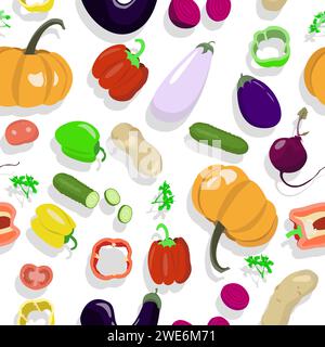 Vegetables and their slices seamless pattern in cartoon style Stock Vector