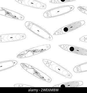 Multiple shapes sup boards seamless pattern on transparent background in outline technique. Paddle board Stock Vector