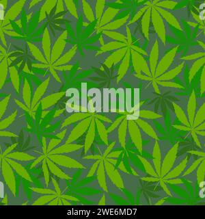 bright green Cannabis leaves seamless pattern. Spring mood. Botanical background. Stock Vector
