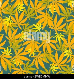 bright orange and yellow Cannabis leaves seamless pattern. Autumn mood. Botanical background. Stock Vector