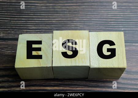Concept of The wooden Cubes with the word ESG on wooden background. Stock Photo