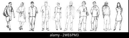 Group of 10 different adults, pencil sketch people. Hand drawn human figures. Flat vector illustration isolated on white background. Stock Vector