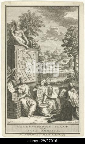 Allegory in South America, Jan Caspar Philips, 1767 print Landscape with female personifications of Spain, Portugal, the Dutch Republic and France in the foreground. Each personification has a paper in one hand with the name or names of her colonies in South America, and in her other hand the weapon or sign of her country. On a ruin the map of South America. On the monument a personification of South America: a man with feathers headdress, collar, leg decking and arrow-and-bow. In his hand a horn of abundance. In the margin the title in Dutch. Amsterdam paper etching / engraving jungle. Native Stock Photo