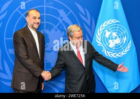 New York, USA. 23rd Jan, 2024. United Nations Secretary-General Antonio Guterres (R) greets Iranian Foreign Minister Hossein Amir-Abdollahian before their meeting at UN headqueaters. Credit: Enrique Shore/Alamy Live News Stock Photo