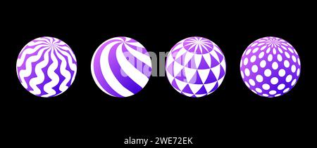 Collection of spheres with different patterns. Striped, dotted and waved 3d balls set. White and purple geometric elements for design template, icon, logo, banner, poster. Abstract vector globes pack Stock Vector