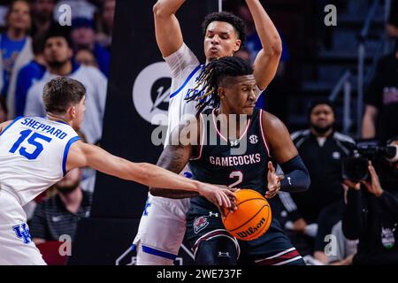 January 23, 2024: Kentucky Wildcats guard Reed Sheppard (15) knocks the ball away from South Carolina Gamecocks forward B.J. Mack (2) in the SEC Basketball matchup at Colonial Life Arena in Columbia, SC. (Scott Kinser/CSM) (Credit Image: © Scott Kinser/Cal Sport Media) Stock Photo