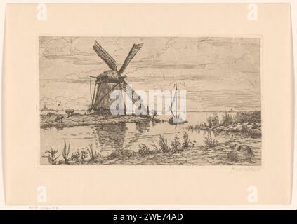 Mill aan de Kaag, Maurits van der Valk, 1867 - 1914 print On the lake sailing boats.  paper etching / drypoint lake. windmill in landscape. sailing-ship, sailing-boat Kaag Stock Photo
