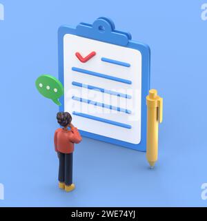 3D illustration of african american woman Coco Standing near Contract Document, Reading Privacy Policy and Terms and Conditions. Businessman Signing C Stock Photo