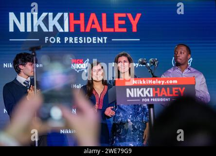 Concord, United States. 23rd Jan, 2024. South Carolina Governor and Republican presidential candidate Nikki Haley's poses with her family after speaking at her election night party after former President Donald J. Trump is declared the winner, in Concord, New Hampshire on January 23, 2024. Former President Donald J. Trump was declared the winner of the Republican primary before 9pm. Photo by Amanda Sabga/UPI Credit: UPI/Alamy Live News Stock Photo