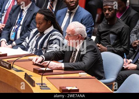 Palestinian Minister of Foreign Affairs and Expatriates Riyad Al Maliki speaks during Security Council meeting on situation in the Middle East including Palestinian question at UN Headquarters in New York Stock Photo