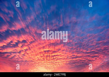 Dramatic evening sky with red clouds after sunset, Baden-Wuerttemberg, Germany Stock Photo