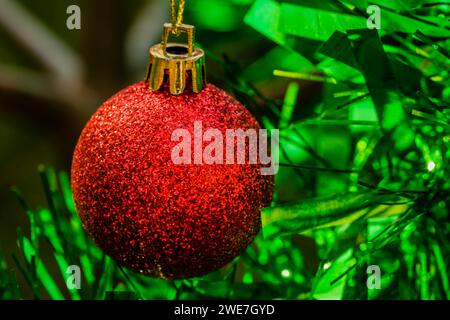 Closeup of red Christmas ornament and green tensile garland on pine tree in South Korea Stock Photo