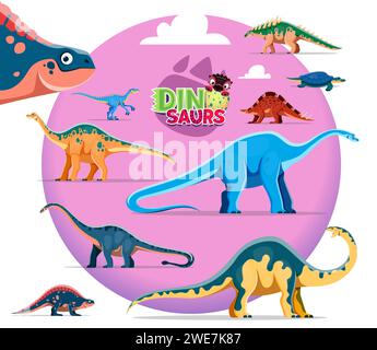 Cartoon dinosaurs cute characters. Polacanthus, Henodus, Wuerhosaurus and Eoraptor, Apatosaurus, Haplocanthosaurus, Shunosaurus and Melanorosaurus, Lotosaurus Mesozoic era dinosaurs funny personages Stock Vector