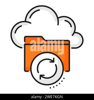 Color database, network server, cloud storage icon. Cloud computing datacenter, SQL database platform or data backup storage center line vector icon with file folder and cloud Stock Vector