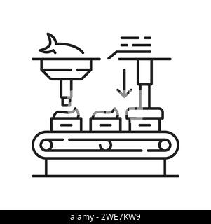 Fish processing and manufacturing, sealing conveyor. Vector commercial producing, conserved seafood. Canned preserved seafood production Stock Vector