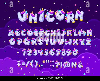 Unicorn font, fairy tale type and cute animal typeface, vector magic English alphabet. Cartoon font with rainbow and cloud, text letters for typography in pink and blue ABC, unicorn type for baby girl Stock Vector