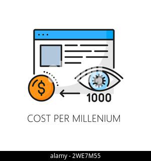 Cost per millenium icon, SERP search engine result page and internet marketing vector pictogram. Ad content management and online advertising optimization icon of CPM cost for target audience in SERP Stock Vector