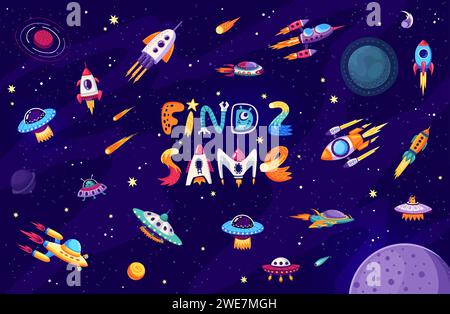 Kids game to find two same spaceships and UFO, rockets and starships, vector cartoon worksheet. Puzzle quiz to find two same starship or spaceship shuttle and UFO saucer in starry galaxy space Stock Vector