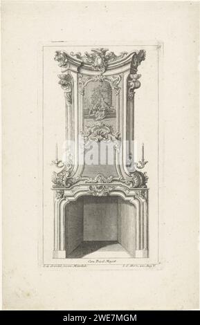 Design for a chimney with the presentation of a musician, Anonymous, After Gerrit de Grendel, 1709 - 1762 print Design for a chimney with a performance of a woman who plays a guitar and a singing young man. They are in front of a garden vase. The mantelpiece is decorated with rocaille neatries and volutes. A candlestick on both sides. after design by: Middelburgpublisher: Augsburg paper engraving chimney. rocaille ornament. cithern, mandolin, guitar, balalaika Stock Photo