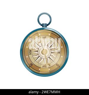 Ancient pirate compass, isolated vector navigation item weathered by time, reveals its intricate brass details, nautical symbols and wind rose evoke tales of high seas and buried treasures long past Stock Vector