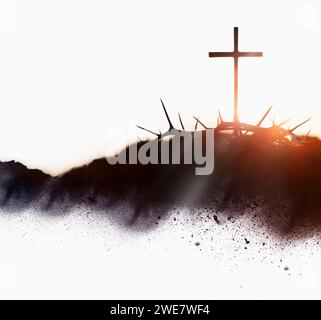 Cross and crown of thorns background symbolizing the sacrifice and suffering of Jesus Christ and Passion Week, Lent and Easter concept Stock Photo