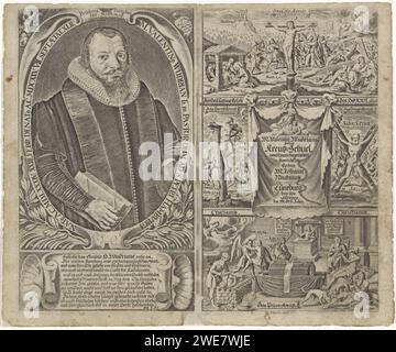 Portrait of Valentin Wudrian and performances about the cross of Christ, François Stuerhelt, 1651 print On the left the portrait of theologian Valentin Wudrian with a book under his arm. Under the portrait a cartouche with a text in German. On the right the title page for one of his books about the cross of Christ. In addition, images of the crucifixion of Christ and various performances from the old and New Testament. print maker: Hamburgpublisher: Lüneburg paper engraving theologian. the cross  symbols of Christ Stock Photo