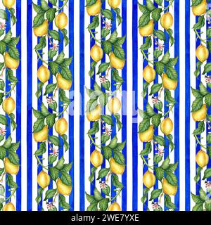 Watercolor illustration of a pattern of vertical blue lines, yellow lemons with green leaves. Isolated botanical composition on a white background, fo Stock Photo