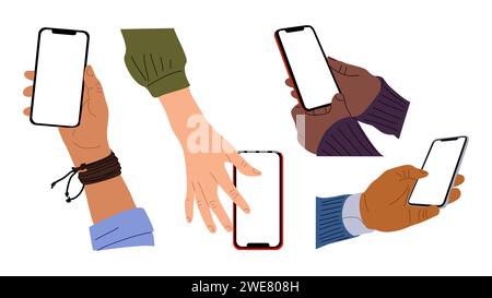 Different Hands holding mobile phones vector set. Stock Vector