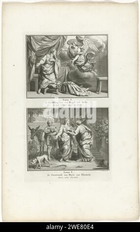 Annunciation and visitation, Jacob Folkema, 1791 print Two Biblical performances from Luc. 1. The announcement of the birth of Christ to Mary, and Mary visits Elisabet. Two performances of one plate, each with a title in Dutch and French. Fully numbered at the bottom right: 2. publisher: Amsterdampublisher: Dordrecht paper etching the Annunciation: Mary, usually reading, is visited by the angel (sometimes a woman overhears the conversation). Mary and Elisabeth shaking hands Stock Photo