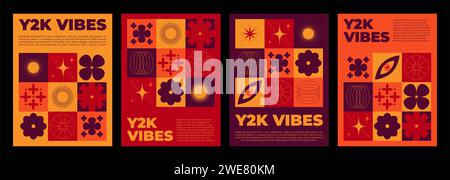 Y2k groovy red and orange posters. Vector realistic illustration of nightclub party flyers, flower, star, eye symbols on yellow background, retrowave vibe banners, creative geometric graphic design Stock Vector