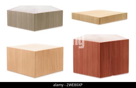 3D set of wooden platforms isolated on white background. Vector realistic illustration of square and pentagonal stages for beauty product presentation, award design, showcase stand, furniture material Stock Vector