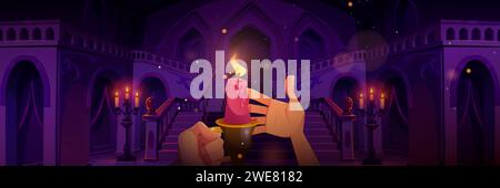 Human hands holding lighted candle with fire in candlestick holder in old castle hall interior with staircase at night. Cartoon vector person wander inside of dark dusk scene of kingdom palace. Stock Vector