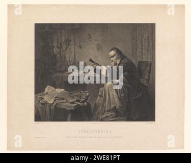 Antonio Stradivari in his studio, Adolphe Mouilleron, After Edouard Hamman, in Or Before 1863 - 1880 print The violin builder Antonio Stradivari portrayed in his workshop. He is sitting at his work table and looks into a violin in a pasting position that he supports on his left knee. On the table and a bench of violins, parts of violins and open sketchbook. On the left in the corner is a cello. Violins hang on the wall and hangs tools. Paris paper.  violin, fiddle. string instruments (bowed). tools, implements of craftsman. historical persons Stock Photo