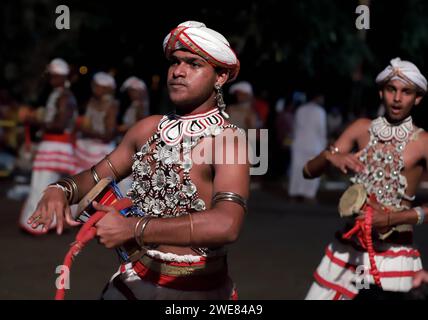 Colombo, Sri Lanka. 23rd Jan, 2024. Dancers perform at a celebration during the Duruthu Perahera festival at a temple in Kelaniya, Sri Lanka, on Jan. 23, 2024. Credit: Ajith Perera/Xinhua/Alamy Live News Stock Photo