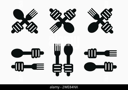 Set of Icons of Hand holding Spoon and Fork Cutlery with Silhouettes vector Illustrations Stock Vector