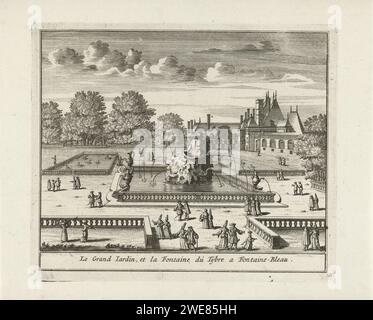 View of the Grand Jardin and the Bassin de Tibre of the Palace of Fontainebleau, Jan Lamsvelt, 1726 - 1743 print The Grand Jardin and the Bassin de Tibre in the garden of the Fontainebleau palace. Figures walk around the fountain.  paper etching palace. courtyard. ornamental fountain. French or architectonic garden; formal garden Palais de Fontainebleau Stock Photo