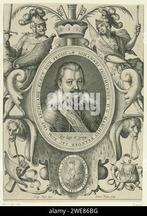 Portrait of Johann Sigismund, Elector of Brandenburg, Simon van de Passe, After Crispijn van de Passe (I), 1615 print Portrait of Johann Sigismund, Elector of Brandenburg, underneath are motto in Latin. The portrait is caught in an ornamental frame with allegorical figures, the coat of arms of the portrayed person and an edge with the name and function of the portrayed person in Latin. Print from a series with Emperor Matthias and Elector of the Holy Roman Empire. Utrecht paper engraving historical persons. other sovereign (with TITLE). armorial bearing, heraldry. neck-gear: collar (+ men's cl Stock Photo