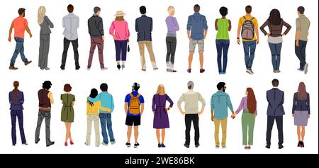 Bundle of diverse People Standing Rear View. Stock Vector