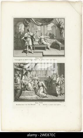 King Ahasveros furious on Haman and Mórdecai is rewarded by King Ahasveros, Jacob Folkema, 1791 print Two Biblical performances from Est. 7 and 8. King Ahasveros is furious with Haman, and Mórdecai is rewarded by King Ahasveros. Two performances of one plate, each with a title in Dutch and French. Fully numbered at the bottom right: 72. publisher: Amsterdampublisher: Dordrecht paper etching Mordecai prevents King Ahasuerus' assassination (Esther 2:21-23). Mordecai before Ahasuerus, who gives him his signet-ring Stock Photo