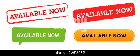 Available now stamp status product availability button chat bubble shape vector graphic illustration Stock Vector