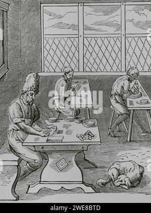 Pin and Needle maker. Reproduction of a 16th-century engraving by Jost Amman. 'Moeurs, usages et costumes au moyen-âge et à l'époque de la Renaissance', by Paul Lacroix. Paris, 1878. Stock Photo